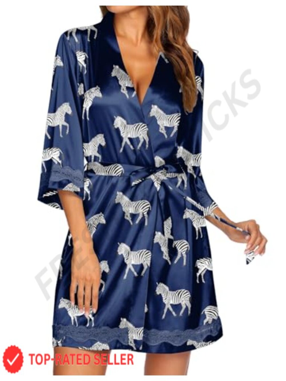 Silk Robe with Lace Trim - Deep V Neck 3/4 Sleeve Bride Bridesmaid Lingerie Robe